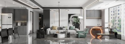 现代黑白灰客餐厅3D模型下载